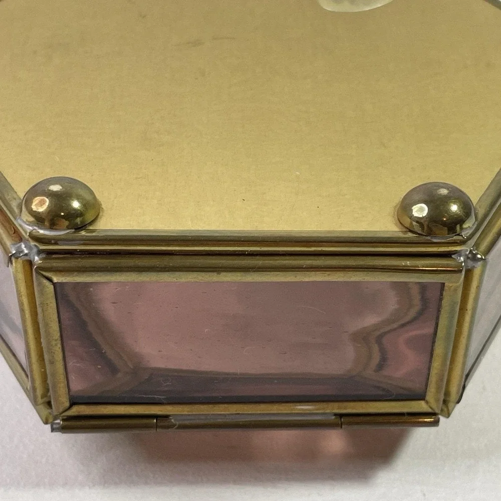 Vintage Purple Glass Jewelry Box Etched Flower Mirrored Brass Base Hexagon